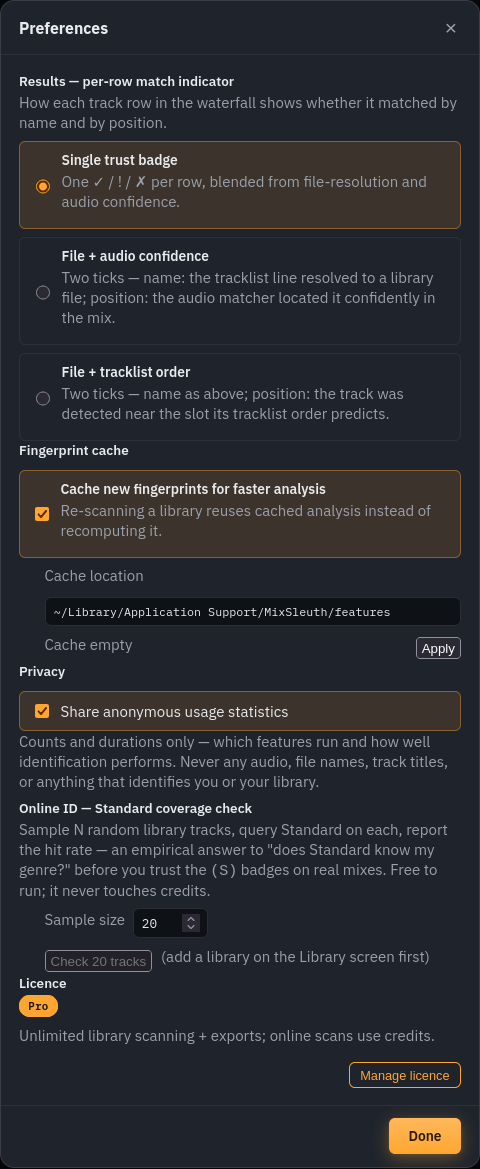 MixSleuth Preferences sheet: per-row match indicator modes, fingerprint cache with location, privacy toggle, Standard coverage check, and licence section